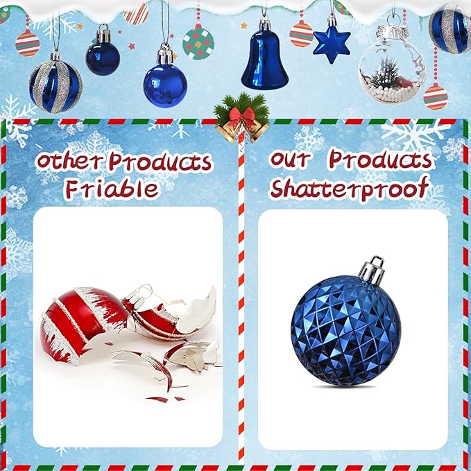 ILLUMINEW 111-Pack Christmas Balls Ornaments,Assorted Shatterproof Christmas Ornaments Set, Luxurious Hanging Pendants Package for Christmas Tree Party Holiday Indoor Decor (111Pcs-Blue)