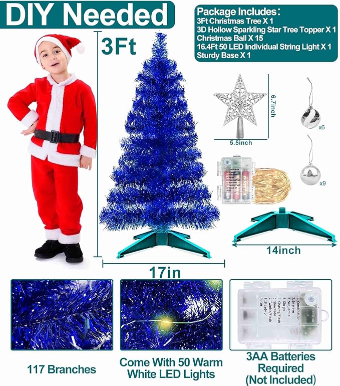 TURNMEON 3 Ft Christmas Hanukkah Tree with Lights Timer 15 DIY Ball Ornament Star Blue Small Tinsel Tree Battery Operated Christmas Artificial 8 Modes Xmas Hanukkah Decorations Home Indoor Holiday