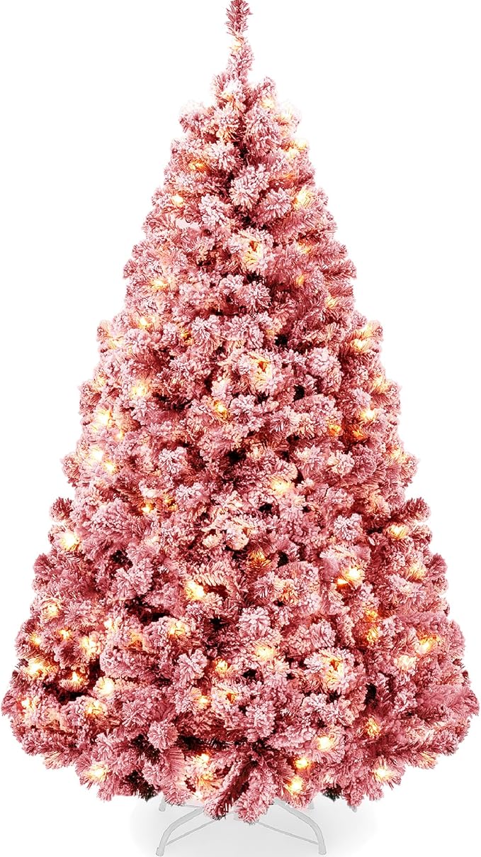 Best Choice Products Pre-Lit Red Christmas Tree, 7.5ft Artificial Flocked Full Fir Tree, Holiday Decoration w/ 550 Lights, 1,346 Branch Tips