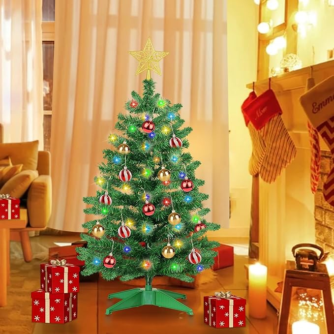 3FT PVC Green Christmas Tree Tinsel with 50 Warm White & Multi Color Fariy Light 3D Star 15 Ball Ornament, 12 Light Modes Timer Battery Operated Small Artificial Full Xmas Tree Indoor Holiday Decor
