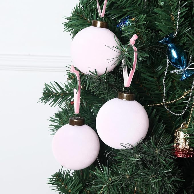 12 Pcs Velvet Christmas Balls Bulk Shatterproof Plastic Christmas Tree Decorations for Decorative Hanging Baubles (12, Pink, 2.36Inch)
