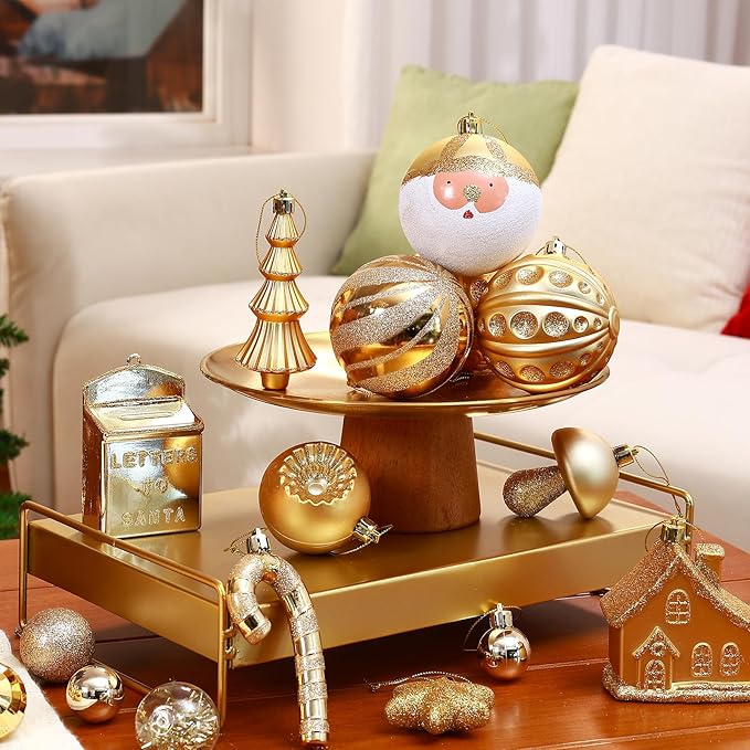 SHareconn 80ct Christmas Balls Ornaments Set, Shatterproof Plastic Colorful Xmas Decorative, Baubles for Tree Decorations with Hanging Strings,Deep Shallow Gold