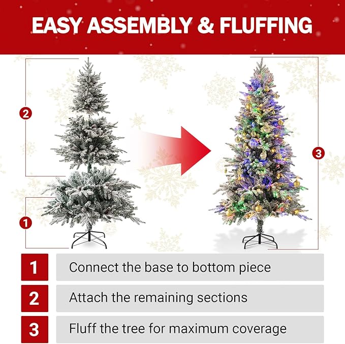 6ft Prelit Artificial Christmas Tree with 200 Multi-Color LED, 4 Color 8 Mode, Flocked Hinged Xmas Tree with 1000 Realistic Branches & Pinecones, Easy Assembly for Home Holiday Decoration