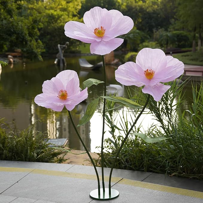 Large Paper Artificial Flowers,Giant Flowers for Decoration,Huge Handcrafted Poppy Fake Flowers with Stand for Home Decor Bridal Shower Party Outdoors Yard Event Backdrop Decor (Pink)