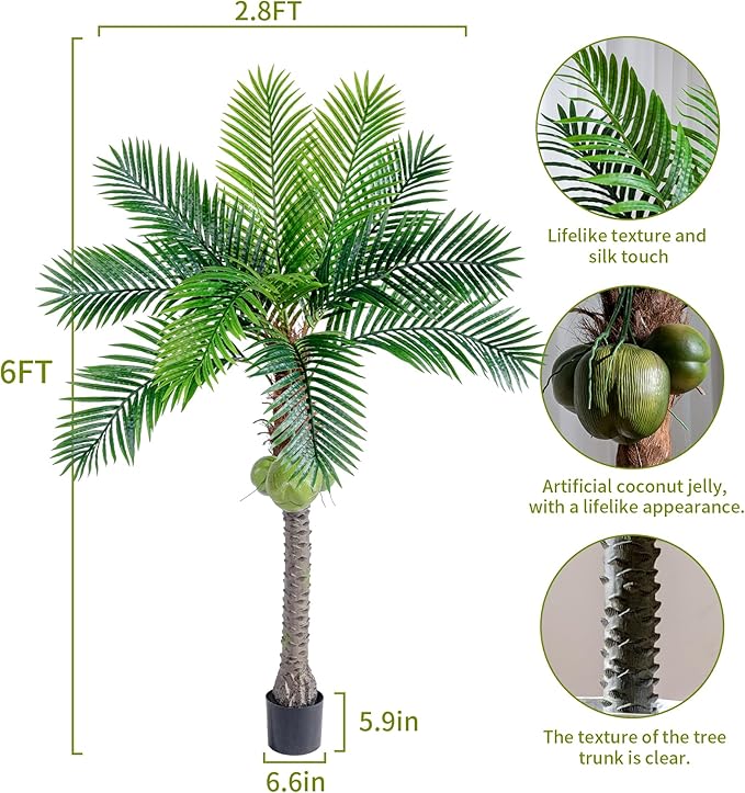 6FT Artificial Phoenix Palm Tree with Coconut Fruit Artificial Plants Indoor Outdoor Large Faux Coconut Silk Palm Tree Tropical Fake Palm Plant for Modern Farmhouse Yard Outside Patio Poolside