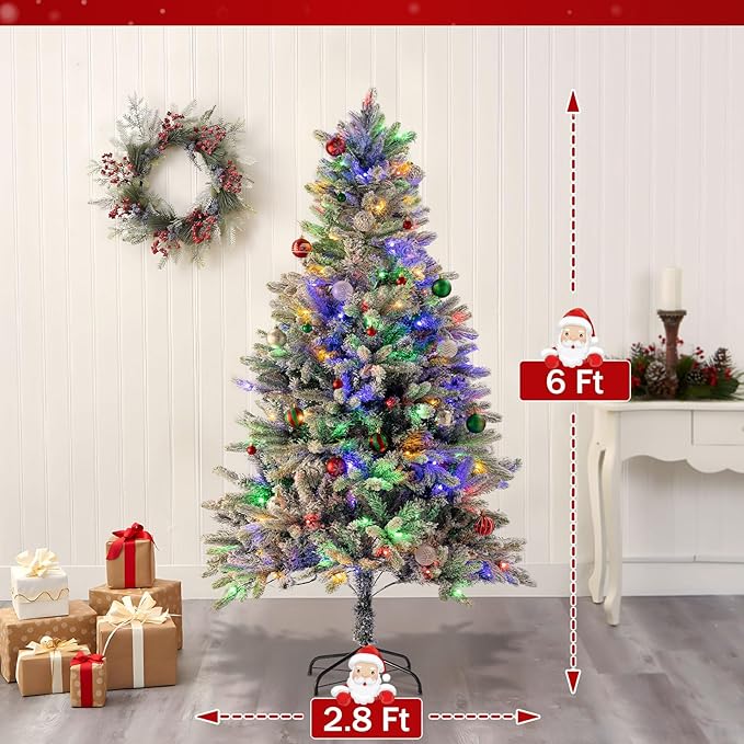 6ft Prelit Green Artificial Christmas Tree with 200 Multi-Color LED, 4 Color 8 Mode, Flocked Hinged Xmas Tree with 1000 Realistic Branche, Easy Assembly for Home Office Holiday Decoration