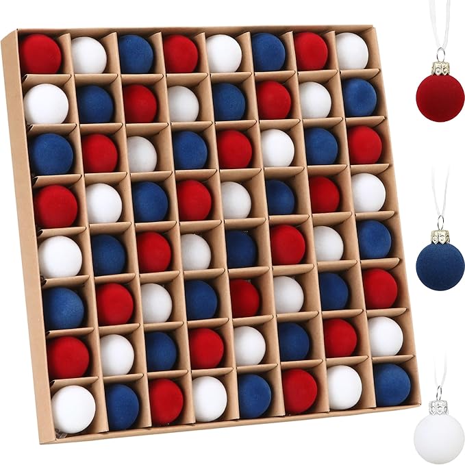 Sea Team 64-Pack Miniature Flocked Velvet Christmas Tree Ball Ornaments Set, Hanging Velour Baubles, Shatterproof Plastic Decorations for Xmas Tree, Wreath, Garland, 30mm/1.18 Inches, US Flag