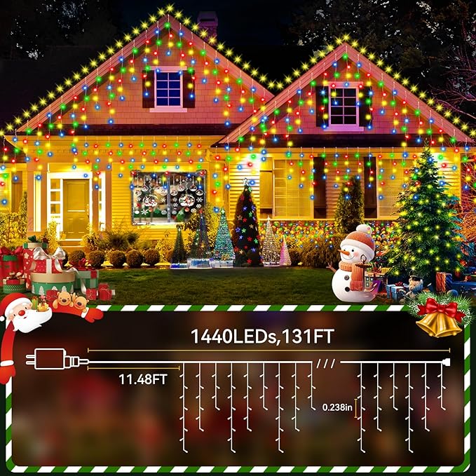 131FT Christmas Lights Outdoor 1440 LED Christmas Decorations Waterproof Plug in with 8 Modes & Timer Christmas Lights for Roof Party Garden Holiday Decor (Multicolor)