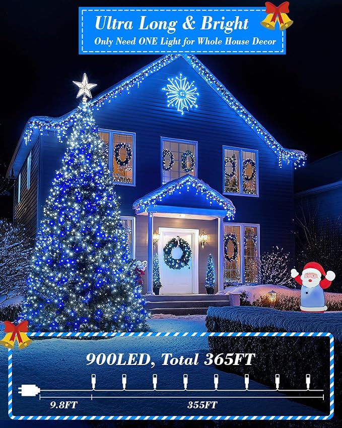 355FT 900 LED Christmas Lights, Extra Long Outdoor String Lights Waterproof, Timer & Memory, 8 Modes Dimmable Plug in Fairy Lights for Outside Tree Wedding Patry Holiday Decorations, Blue and White