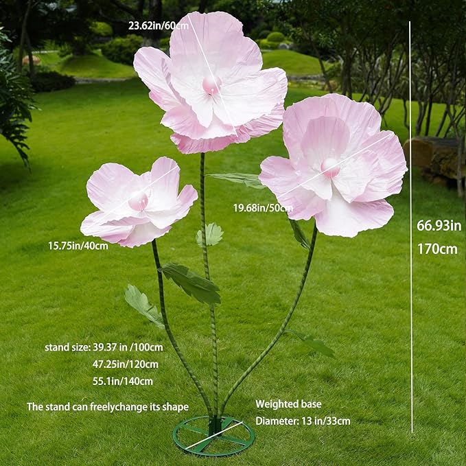 Giant Flowers for Decoration,Large Paper Flowers with Standing Stems and Base,3 pcs Artificial Flowers for Home Decor, Wedding Decorate, Photography Props, Party Banquet (Pink)