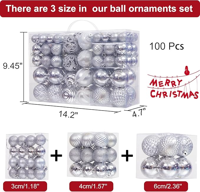 100PCS Christmas Ball Ornaments, Assorted Shatterproof Christmas Tree Decorations, Seasonal Decorative Hanging Baubles Decor Set for Xmas/Holiday/Party, Glitter&Painting Ornament Set (Silver)