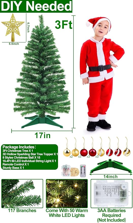 TURNMEON Remote Control 8 Modes 3 Ft Christmas Tree with Lights Timer 15 DIY Ball Ornament 50 Warm Light Battery Operated Artificial Pencil Small Tinsel Xmas Tree Holiday Decorations Home Indoor Table