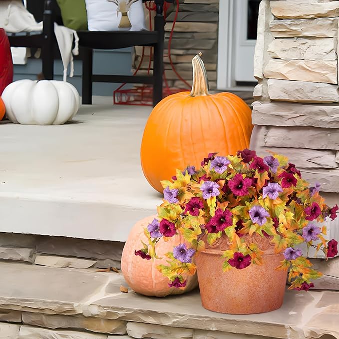 Artificial Fall Flowers Fake Petunias Plants for Outdoor Decoration, 2 Pcs Silk Faux Flowers UV Resistant No Fade Plants for Garden Balcony Yard Porch Realistic Indoor Decor (Burgundy Purple)