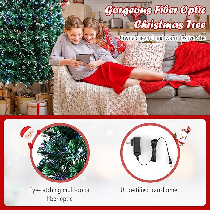 HAPPYGRILL 5FT Pre-Lit Fiber Optic Christmas Tree Artificial Christmas Tree with 170 PVC Tips, Green Xmas Tree with LED Lights for Indoor Outdoor Festival Decor