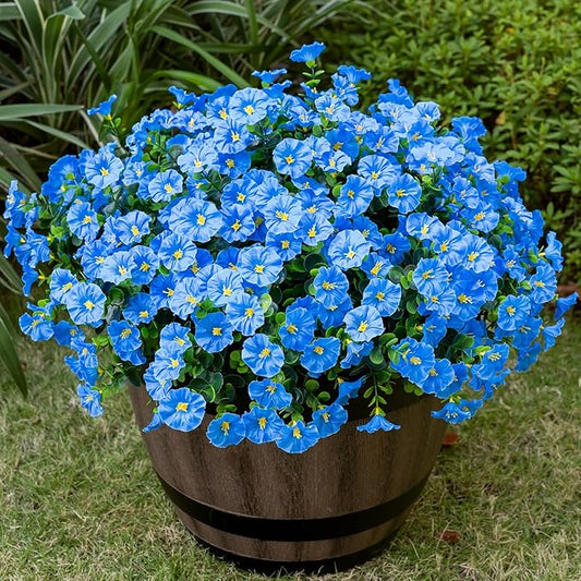 Artificial Faux Flowers for Outdoor 16 Bundles Boxwood Fake Morning Glory for Planter,UV Resistant Fake Flowers for Home Porch Patio Outside（Blue）