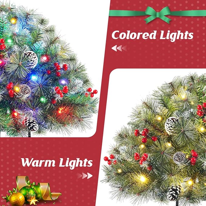 Set of 2 18 Inch Pre-lit Outdoor Christmas Tree with 50 Multi-Color Lights, Timer, Battery Operated Pre-Decorated Frosted Christmas Urn Filler for Pathway &Porch& Yard Decorations