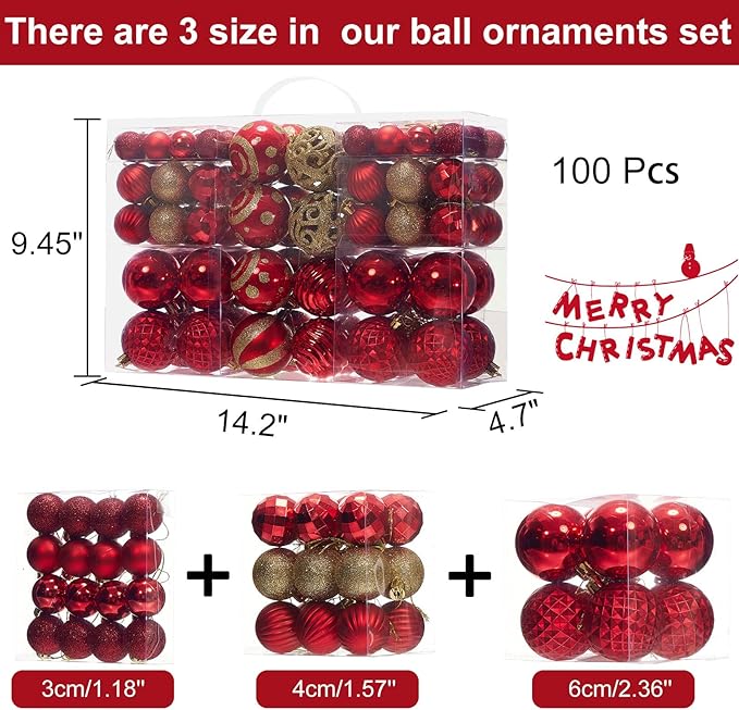 100PCS Christmas Ball Ornaments, Assorted Shatterproof Christmas Tree Decorations, Seasonal Decorative Hanging Baubles Decor Set for Xmas/Holiday/Party, Glitter&Painting Ornament Set (Red Gold)
