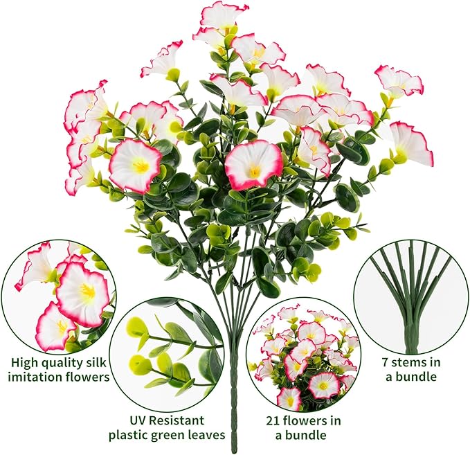 Lnoicy Artificial Flowers for Outdoor 12 Bundles Eucalyptus Fake Flowers for Planter,UV Resistant Fake Morning Glory for Home/Porch/Garden Decoration（Pink）