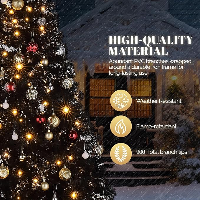 VINGLI 6ft Black Pre-lit Artificial Christmas Pine Tree with 250 Warm White Lights, Xmas Tree Holiday Party Decorations with Sturdy Metal Stand, Full 900 Tips Branch, 8 Color Modes