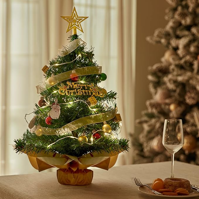 Small Mini Christmas Tree with 50 LED Lights 24 Inch /2FT Tabletop Prelit Artificial Christmas Tree Decorated Gift Boxes and Hanging Ornaments for DIY Christmas Decoration