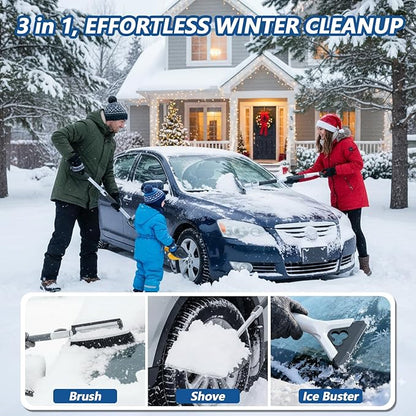 47.3" Car Snow Brush and Ice Scraper, 3-in-1 Extendable Snow Shovel with Wide Head Snow Shovel and Ice Scraper 180° Pivoting Snow Brush Head for Car Windshield, Durable Snow Remover with Foam Grip