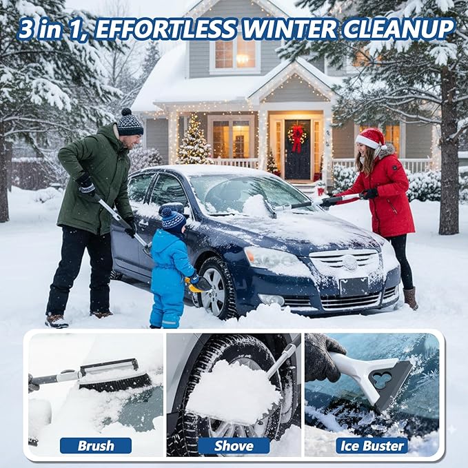 Extra Long 61.5" Ice Scrapers for Car Windshield, Extendable Snow Shovel and Snow Brush for Trucks with 180° Pivoting Brush Head, Portable Winter Snows Removal Tools for Trucks Cars SUVs Vehicle