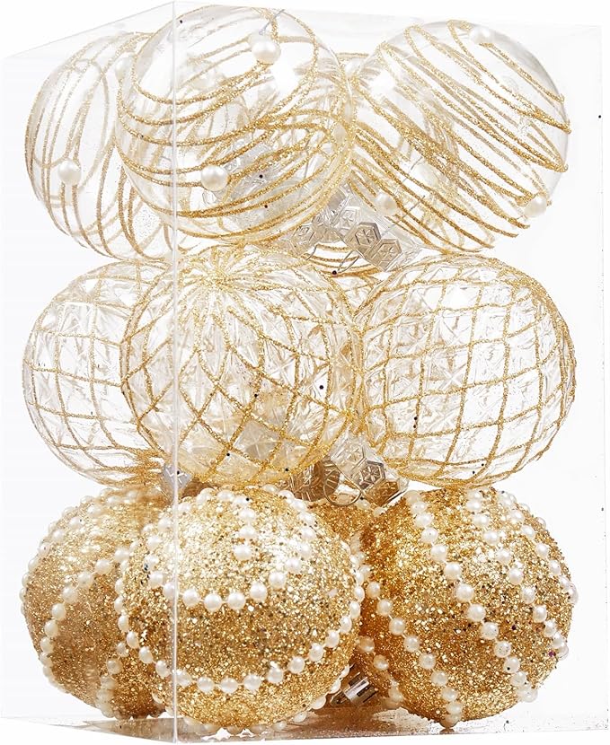12CT Christmas Ball Ornaments Gold Shatterproof Clear Large Plastic Christmas Tree Decoration, Delicate Hanging Ornaments for Xmas Party, Wedding, Holiday and Home Décor(70mm/2.76")