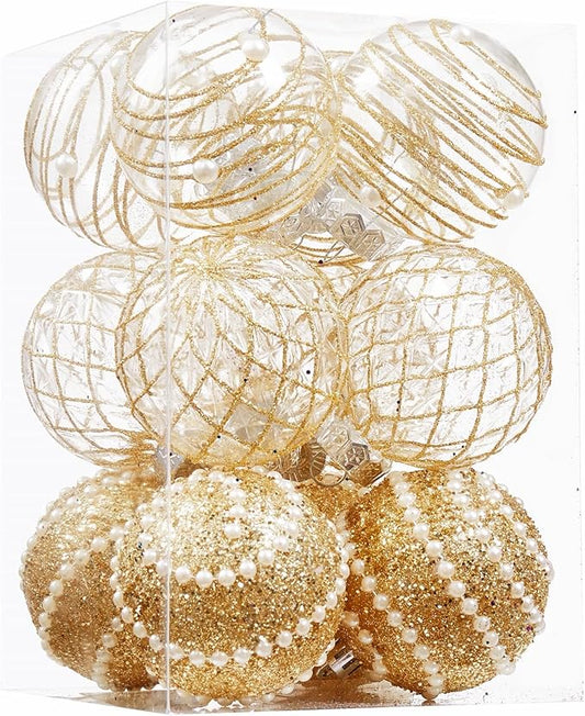 12CT Christmas Ball Ornaments Gold Shatterproof Clear Large Plastic Christmas Tree Decoration, Delicate Hanging Ornaments for Xmas Party, Wedding, Holiday and Home Décor(70mm/2.76")