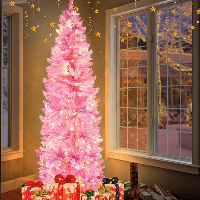 5 Ft Prelit Pink Artificial Pencil Christmas Tree Decoration 180 Warm White Lights 550 Branch Tips Metal Stand Slim Tree Xmas Decor Indoor Outdoor Home Holiday