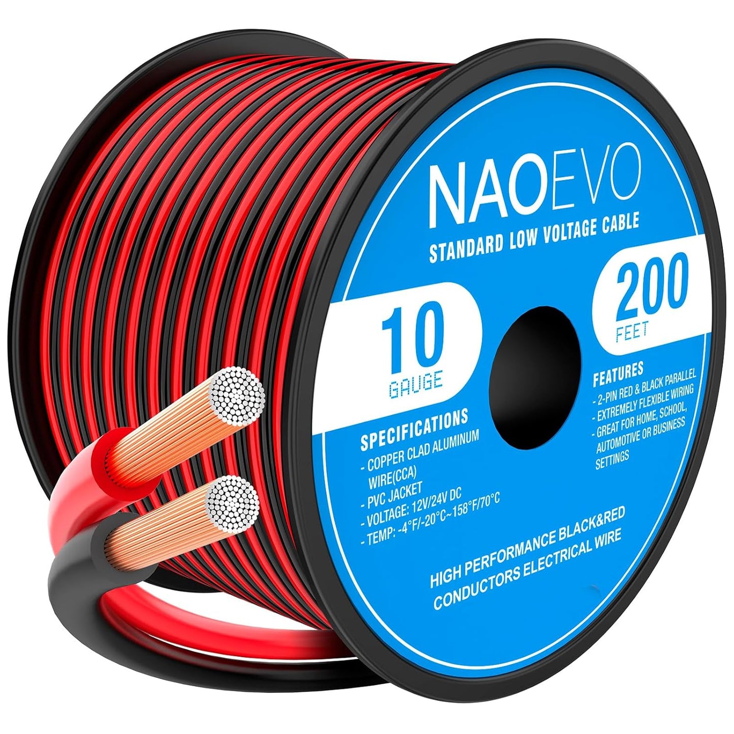 NAOEVO 10 Gauge Wire 200FT, 2 Conductors Electrical Wire Red Black Cable, Flexible/Low Voltage/PVC 10 AWG Copper Clad Aluminum Extension Cord for Speaker, LED Strips, Automotive 12V/24V DC