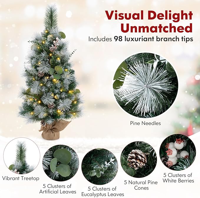 HAPPYGRILL 3 FT Tabletop Artificial Christmas Tree Set of 2, Fake Tree with Pine Needles, Eucalyptus Leaves, Pine Cones, White Berries, Green Xmas Tree with 30 Warm White LED Lights