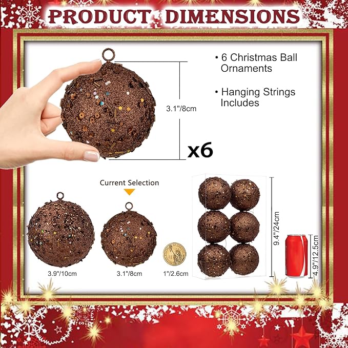 3.15" Large Christmas Balls Ornaments 6 Pcs Shatterproof Big Bronze Christmas Ornaments for Xmas Tree Bulk Glitter Big Xmas Tree Ornament for Trees Halloween Holiday Wedding Party Decoration