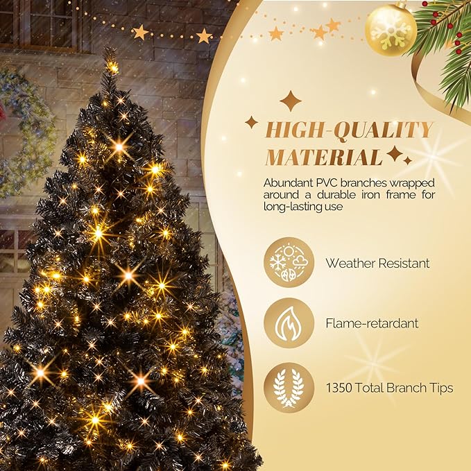 VINGLI 7ft Black Artificial Christmas Pine Tree with 400 Warm White Lights, Pre-Lit Xmas Tree with 1350 Full Branch Tips, Sturdy Metal Stand, 8 Color Modes for Holiday & Party Decor