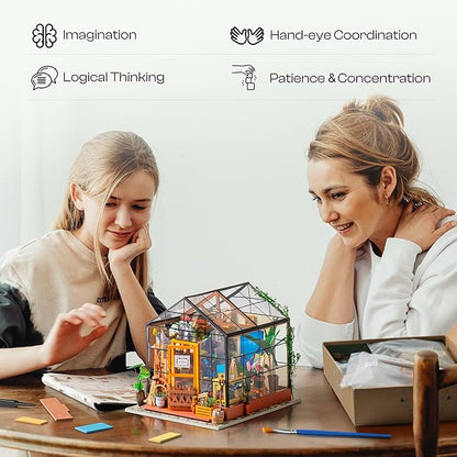 ROBOTIME DIY Miniature House Kit Mini Green House Tiny Dollhouse Wooden Furniture Kit with LED Halloween/Christmas/Birthday Gifts for Adults (Cathy's Greenhouse)