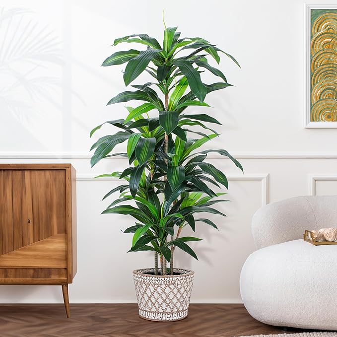 5 FT Dracaena Tree Artificial, Fake Tree with Plastic Pot, Faux Tropical Yucca Floor Plant Lifelike Foliage and Branches, Artificial Plants Indoor for Home Office Living Room Decor Indoor