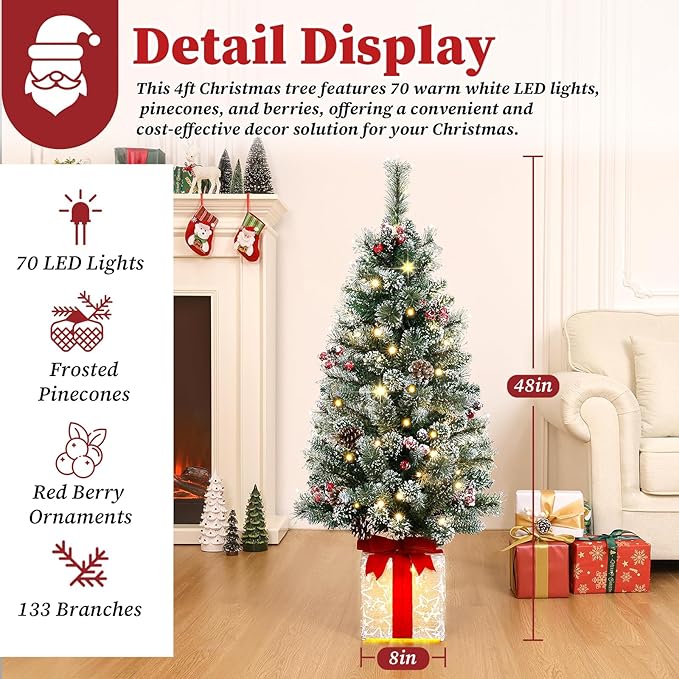 Brightever 4FT Christmas Tree with Warm White LED Lights, Pre-lit Artificial Small Xmas Tree with Gift Box Base & Ornaments, Plug in Outdoor Xmas Trees for Porch, Tabletop, Desk, Green, Easy to Setup