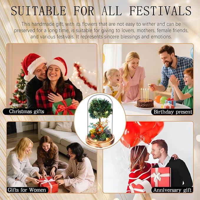 Preserved Flower Glass Dome with LED Lights, Handmade Hydrangea Tree and Eternal Rose Arrangement on Wood Base, for All Festivals,for You to Send Love for All Occasions(Dark Green)