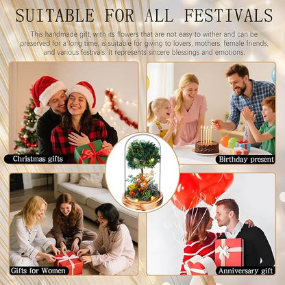 Preserved Flower Glass Dome with LED Lights, Handmade Hydrangea Tree and Eternal Rose Arrangement on Wood Base, for All Festivals,for You to Send Love for All Occasions(Dark Green)