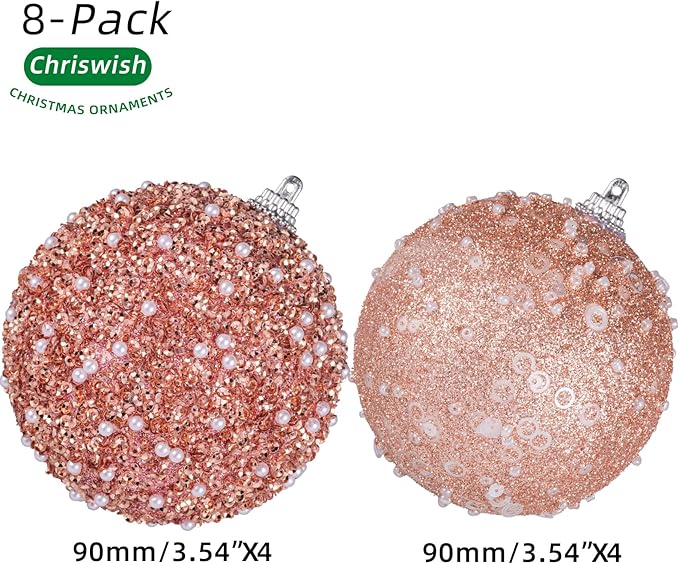 8CT Christmas Ball Ornaments, Rose Gold Christmas Ball Decorations Shatterproof Plastic Hanging Pearl Balls for Holiday Party(90mm/3.54")