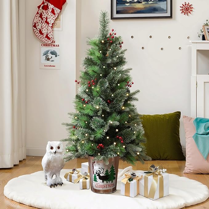 LuxenHome 4FT Small Christmas Tree, Battery Operated Potted Christmas Trees with 70 Warm White LED Lights, Slim Xmas Tree with Red Berries and Metal Pot for Entryway, Livingroom Holiday Display