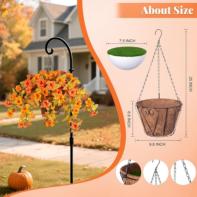 Artificial Fake Fall Flowers with Hanging Basket for Outdoor Decoration, Silk Faux Flowers UV Resistant Fake Plants for Home Porch Patio Garden Window Box Autumn Decor Look Real (Orange)