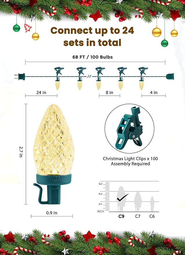 C9 LED Christmas Lights Outdoor, 66 Feet 100 LED C9 String Lights with 100 Spring Clips, Waterproof Connectable Christmas Tree Lights for Outside Roofline Patio Home Xmas Decor, Warm White 2 Pack