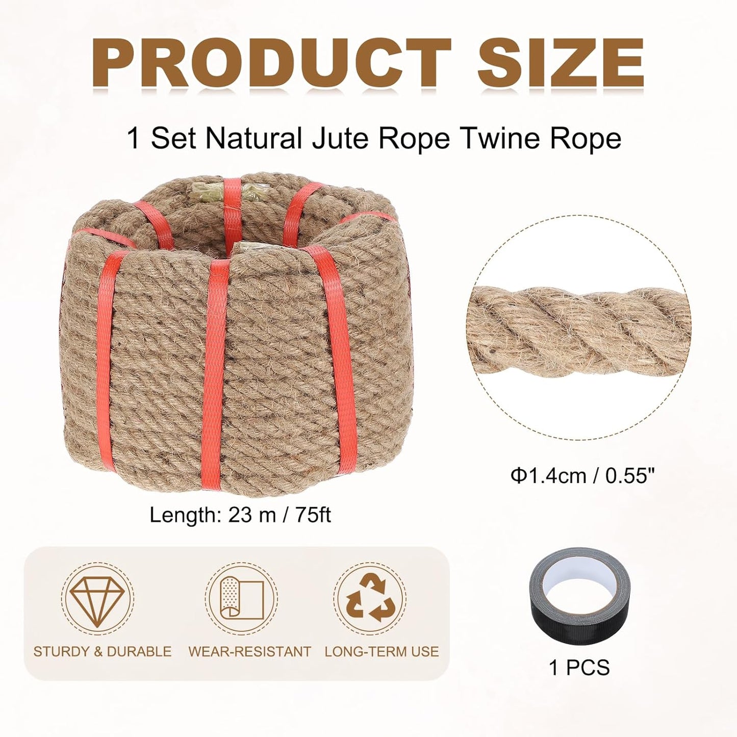 MECCANIXITY Jute Rope 0.55 Inch x 75ft, Thick Twine Rope Ropes Braided Jute Twine Natural Brown Burlap Cord String Heavy Twisted with Tape for Decorative Crafts Railing Swing Tug of War