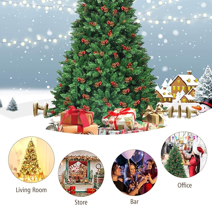 GOFLAME 7.5FT Pre-Lit Christmas Tree with 1526 Branch Tips, Premium PVC Needles, Hinged Artificial Christmas Tree w/Sturdy Metal Stand, Pine Cones and Red Berries for Home, Office, Shops and Hotels