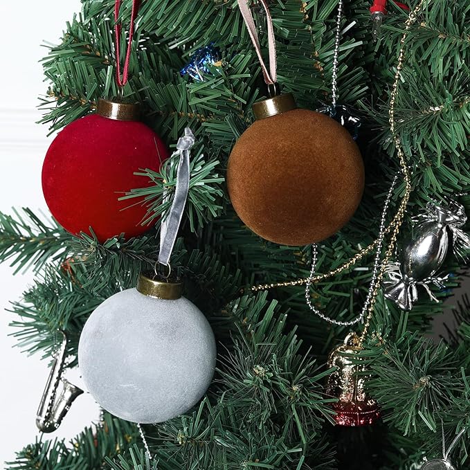 12 Pcs Velvet Christmas Balls Bulk Shatterproof Plastic Christmas Tree Decorations for Decorative Hanging Baubles (12, Wine red、Haze Blue、Blackish Green、Brown, 3.94Inch)
