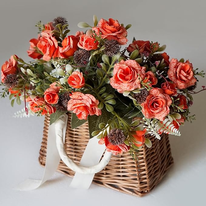 3 Bundles Fall Artificial Flowers Bouquet, Fake Roses Bouquet for Centerpiece Table Wedding Party Home Decor (Orange)