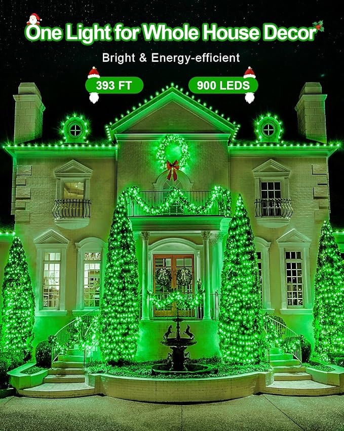 355 FT 900 LED Green Christmas Lights, Extra Long Outdoor String Lights Waterproof, Timer & Memory, 8 Modes Dimmable Plug in Fairy for Outside Tree Wedding Patry