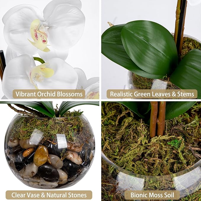 White Orchids Artificial Flowers 16.5" Faux Orchids Plant in Pot Fake Flower Arrangements with Glass Vases White Centerpieces for Kitchen Dining Room Tables Bathroom Nightstand Shelf Desk Decor