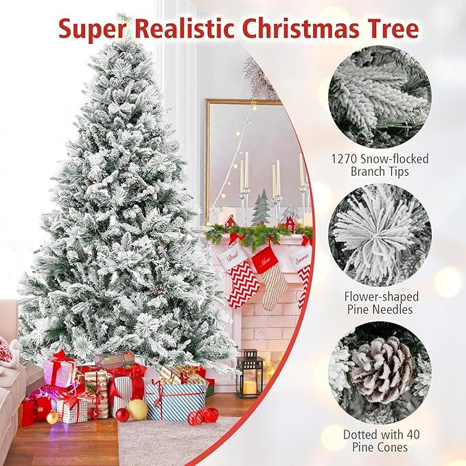 HAPPYGRILL 7 FT Pre-lit Artificial Christmas Tree, Snow-Flocked Xmas Tree with 320 Multi-Color LED Lights, 8 Lighting Modes, 1270 Branch Tips, Pine Needles, Hinged Tree for Home Office Party