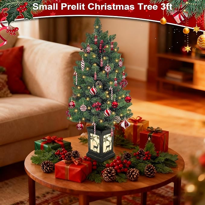 3ft Prelit Christmas Tree Set of 2 with 78 Warm Lights Red Berry Pine Cone, Mini Potted Christmas Tree with Vintage Elk Light Potted Base,Tabletop Small Xmas Tree Decor for Porch, Fireplace, Entrance